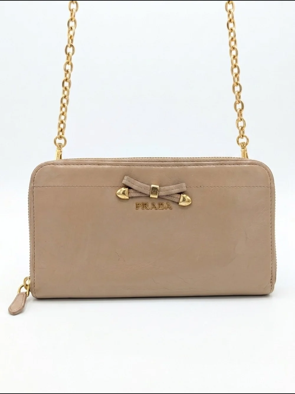 Authentic Prada Leather Bow Zip Around Wallet With Unbranded Chain Conversion